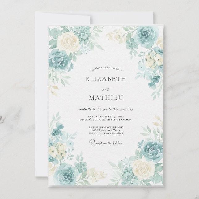 Convite Casamento com Folhas em Aqua Marfim (Frente)