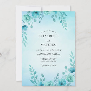 Convite Casamento com Folhas em Aquarela Ciano