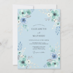 Convite Casamento com Folhas em Azul Água em Pó