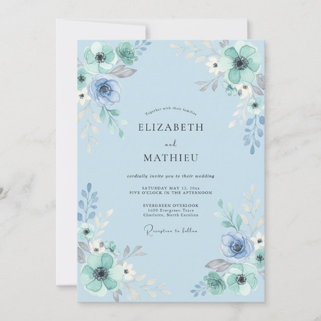 Convite Casamento com Folhas em Azul Água em Pó (Frente)