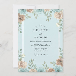 Convite Casamento com Folhas em Azul Azur e Damasco