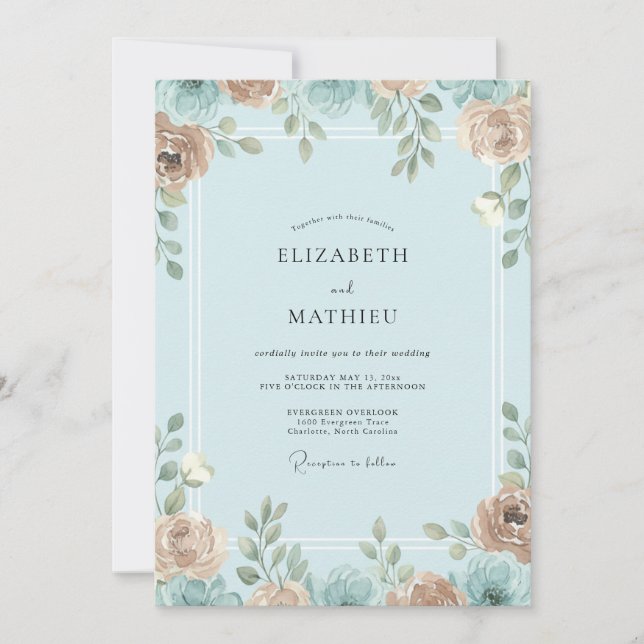 Convite Casamento com Folhas em Azul Azur e Damasco (Frente)