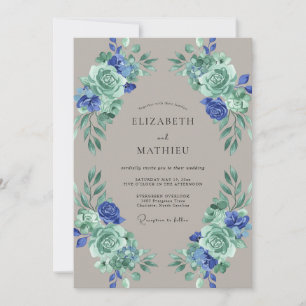 Convite Casamento com Folhas em Azul Bege