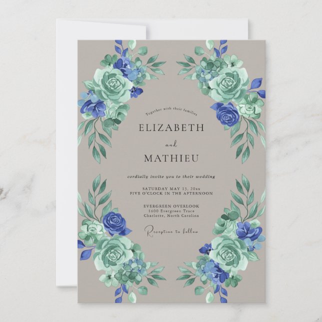 Convite Casamento com Folhas em Azul Bege (Frente)