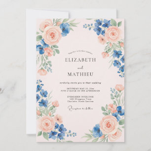 Convite Casamento com Folhas em Azul Claro e Rosa Bege
