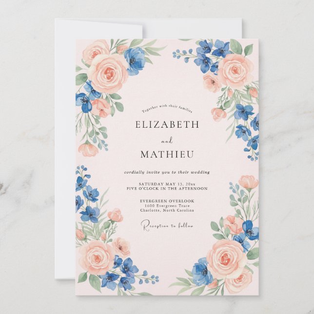 Convite Casamento com Folhas em Azul Claro e Rosa Bege (Frente)