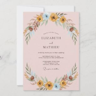 Convite Casamento com Folhas em Azul Ôcre