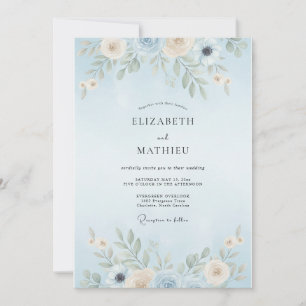 Convite Casamento com Folhas em Azul Pó