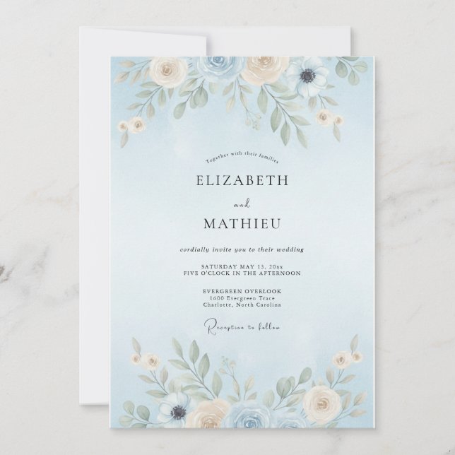 Convite Casamento com Folhas em Azul Pó (Frente)