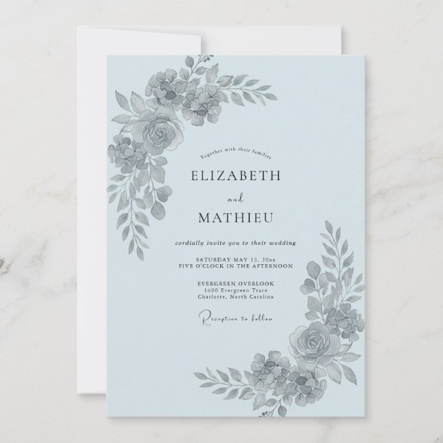 Convite Casamento com Folhas em Azul Pó (Frente)