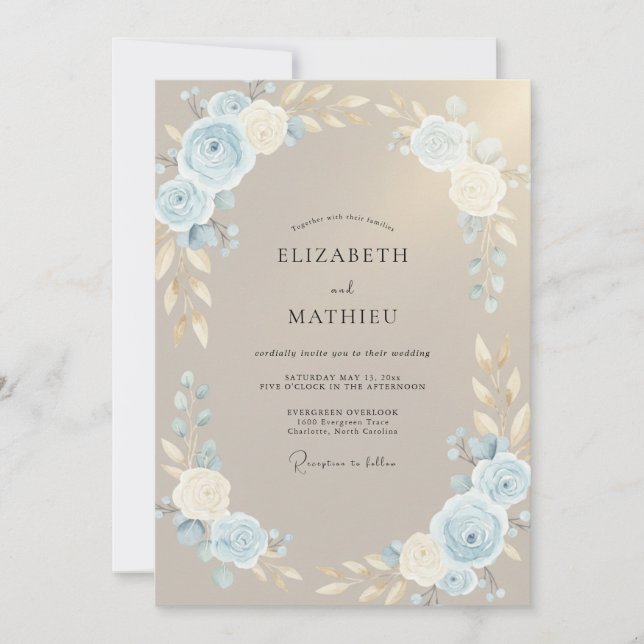 Convite Casamento com Folhas em Azul Pó de Taupe (Frente)