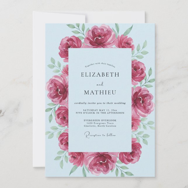 Convite Casamento com Folhas em Pó Magenta (Frente)