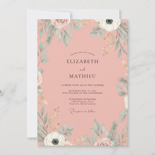 Convite Casamento com Folhas em Salmão Empoeirado (Frente)