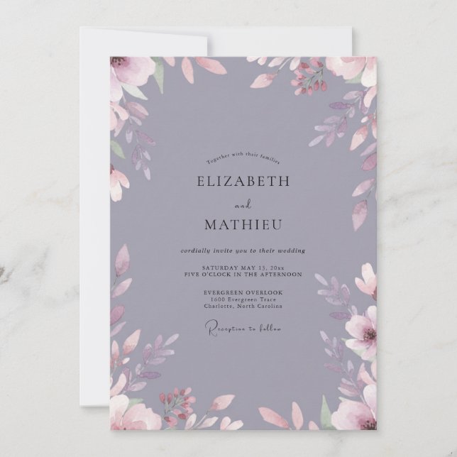 Convite Casamento com Folhas em Slate Mauve (Frente)