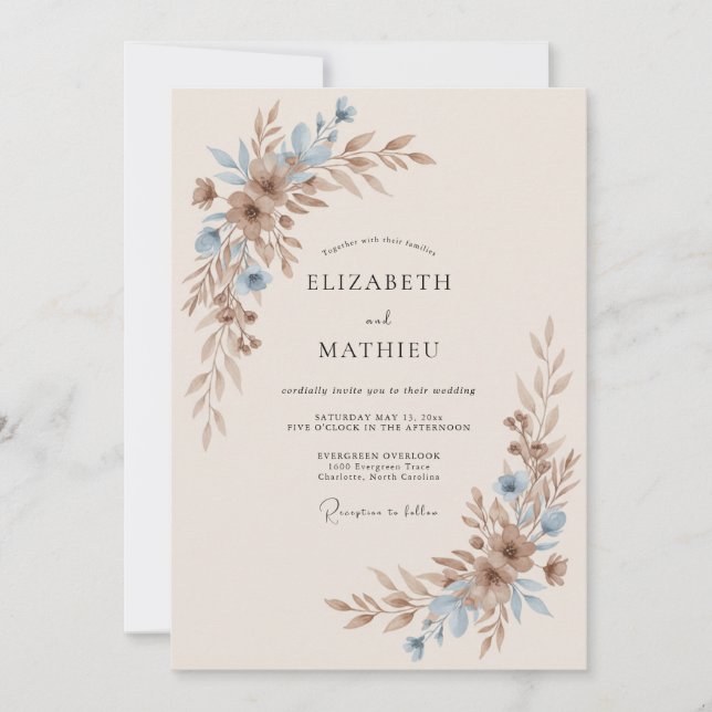 Convite Casamento com Folhas em Taupe e Champanhe (Frente)