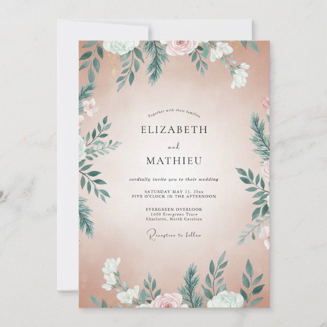 Convite Casamento com Folhas em Teal e Damasco (Frente)