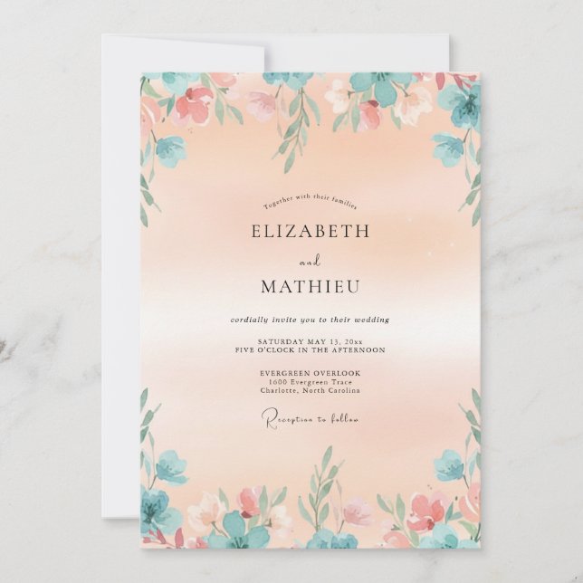 Convite Casamento com Folhas em Tom de Água e Damasco (Frente)