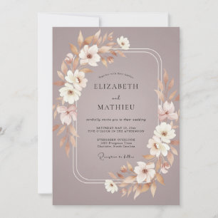 Convite Casamento com Folhas em Tom de Taupe Rosa
