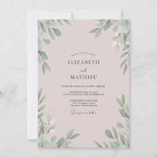 Convite Casamento com Folhas em Tons de Bege Róseo Pálido