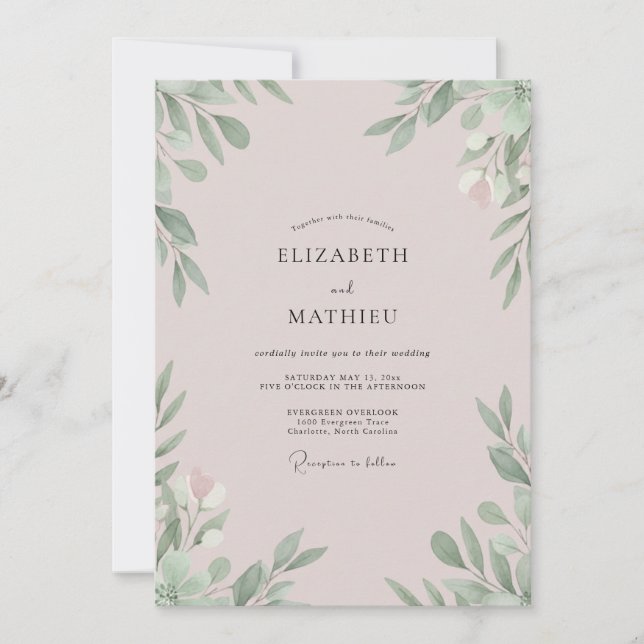 Convite Casamento com Folhas em Tons de Bege Róseo Pálido (Frente)