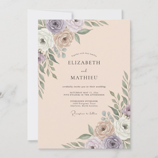 Convite Casamento com Folhas em Tons de Champanhe Rosa (Frente)