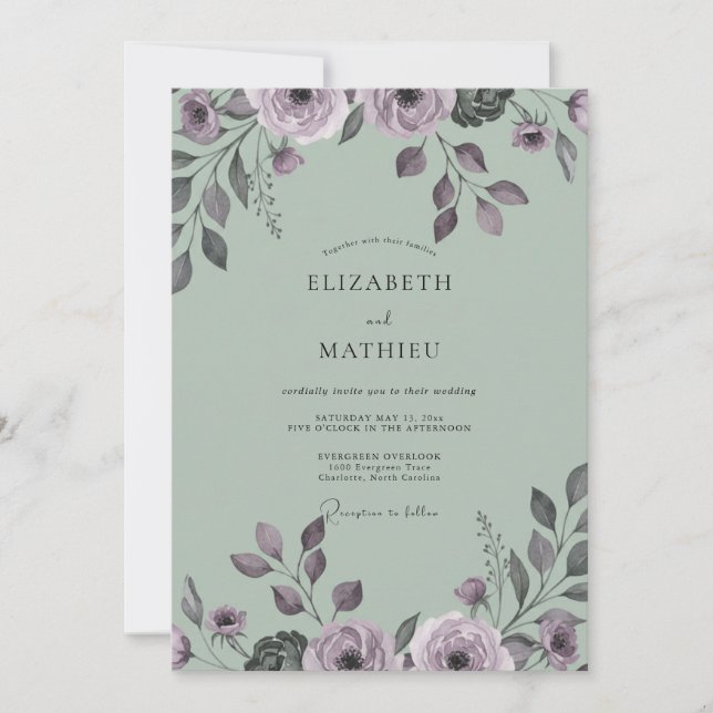 Convite Casamento com Folhas em Tons de Malva e Hortelã De (Frente)