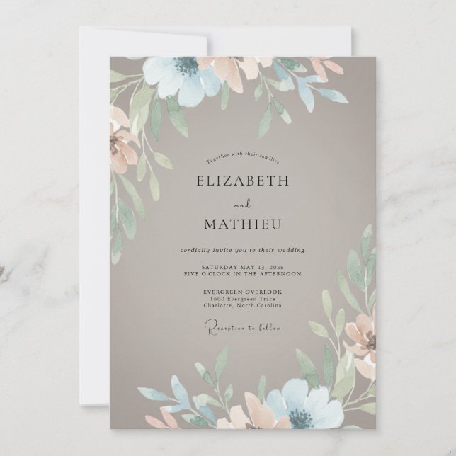 Convite Casamento com Folhas em Verde-azulado e Bege (Frente)