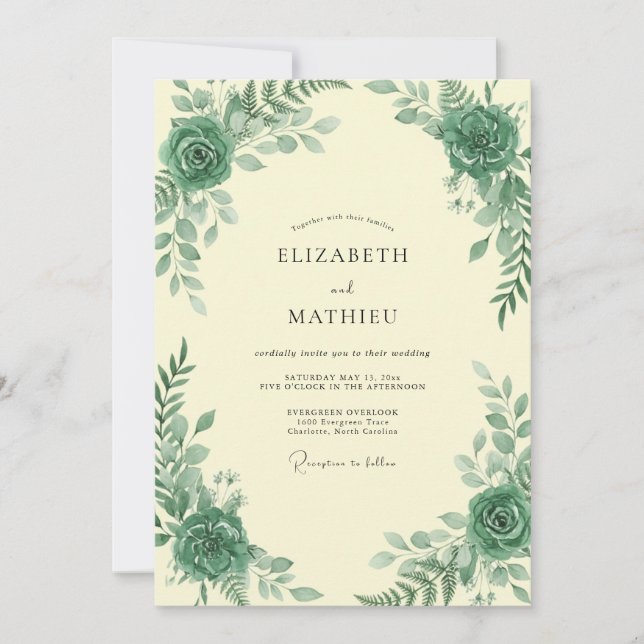 Convite Casamento com Folhas Emerald Sage (Frente)