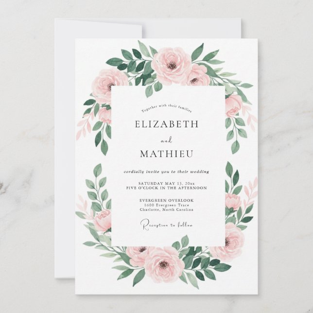 Convite Casamento com Folhas Emeralda e Rubor (Frente)