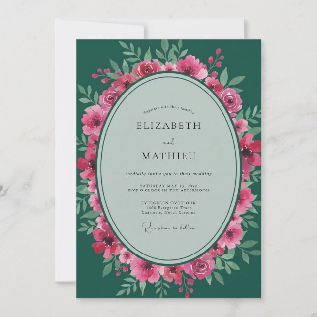Convite Casamento com Folhas Esmeralda Magenta (Frente)