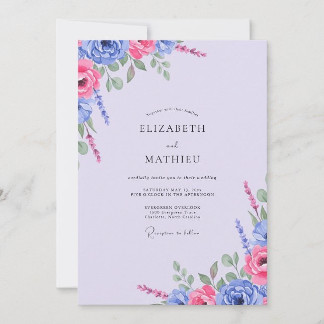 Convite Casamento com Folhas Índigo Fúcsia (Frente)