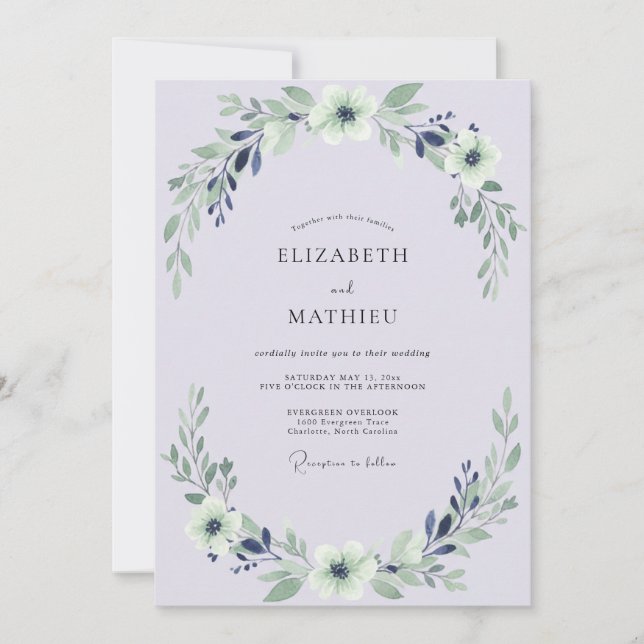 Convite Casamento com Folhas Índigo Lilás (Frente)