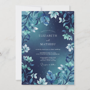 Convite Casamento com Folhas Índigo Meia-Noite