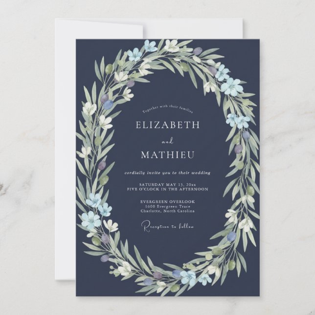 Convite Casamento com Folhas Índigo Navy (Frente)