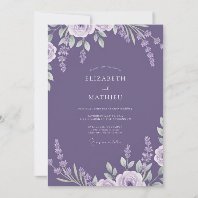 Convite Casamento com Folhas Lavanda Ameixa (Frente)