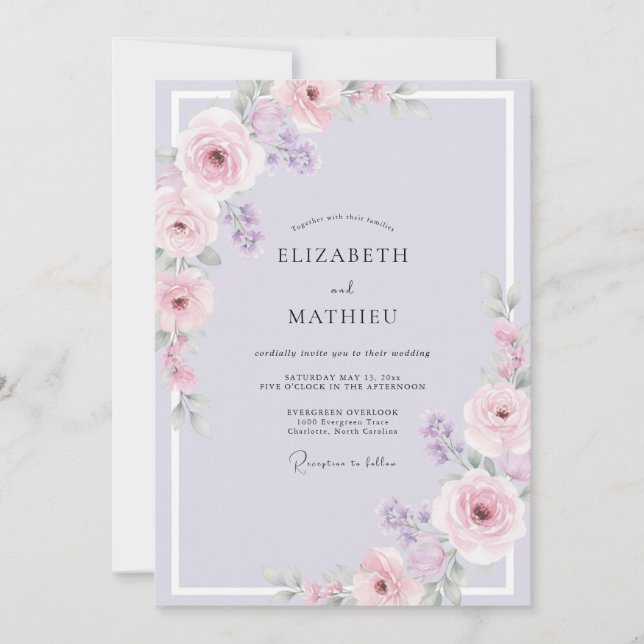 Convite Casamento com Folhas Lavanda Mauve (Frente)