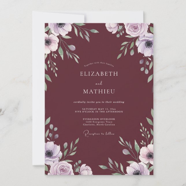 Convite Casamento com Folhas Lilás de Marsala (Frente)