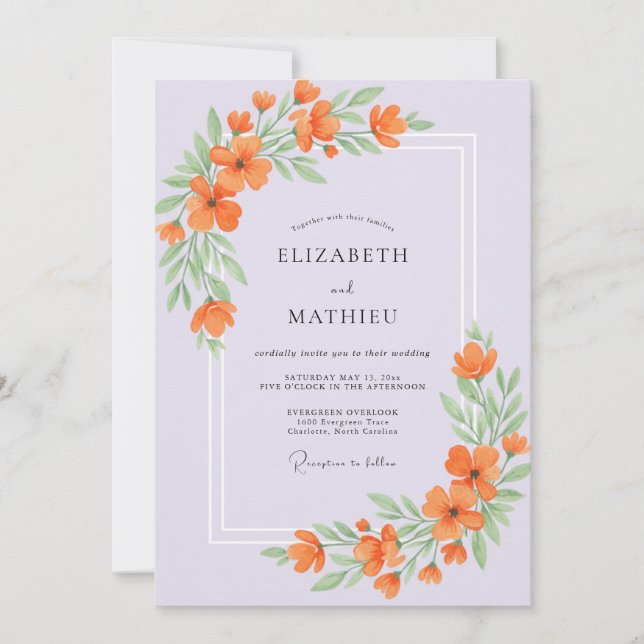 Convite Casamento com Folhas Lilás Laranja (Frente)