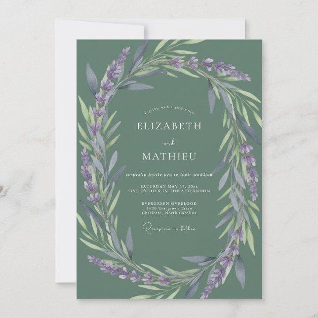 Convite Casamento com Folhas Lilás Musgosas (Frente)