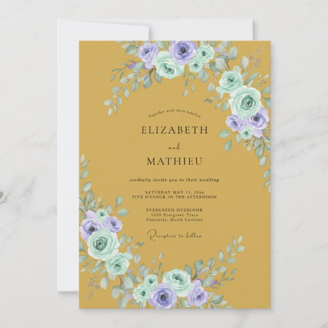 Convite Casamento com Folhas Lilás Ócre (Frente)