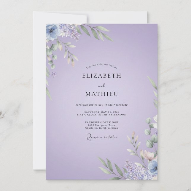 Convite Casamento com Folhas Lilás Pálido (Frente)