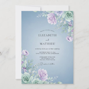 Convite Casamento com Folhas Lilás Pálido e Periwinkle