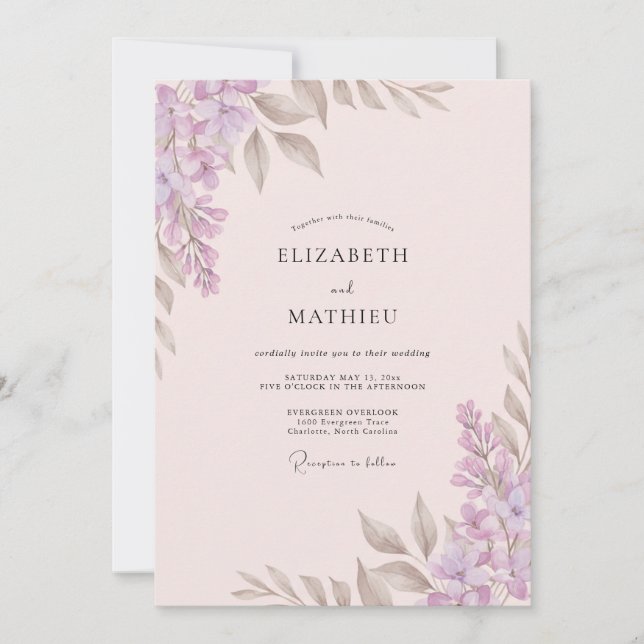 Convite Casamento com Folhas Lilás Taupe (Frente)