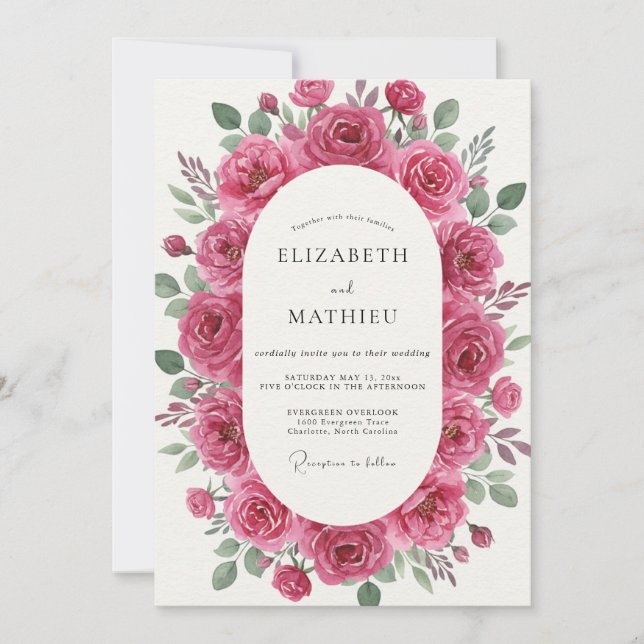 Convite Casamento com Folhas Magenta (Frente)