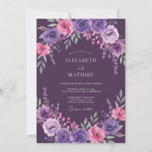 Convite Casamento com Folhas Magenta Ameixa