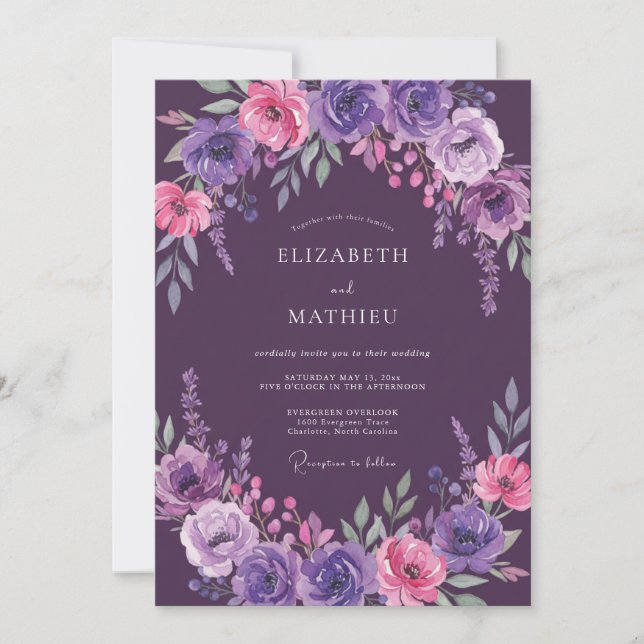 Convite Casamento com Folhas Magenta Ameixa (Frente)