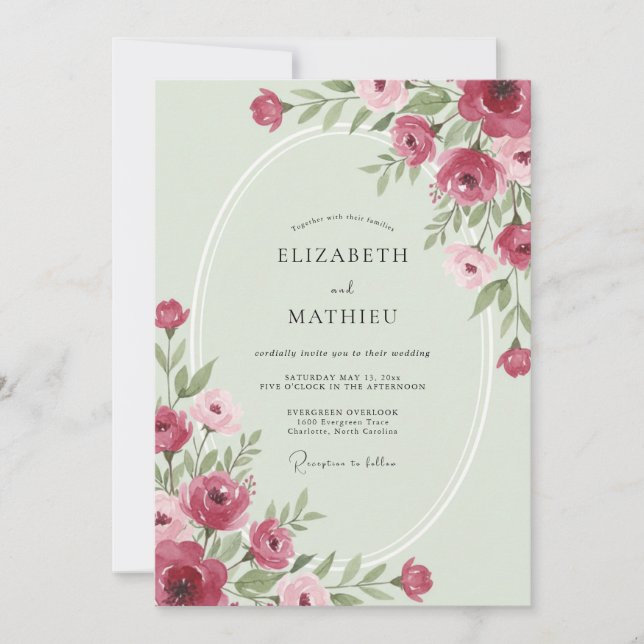 Convite Casamento com Folhas Magenta e Pistache (Frente)