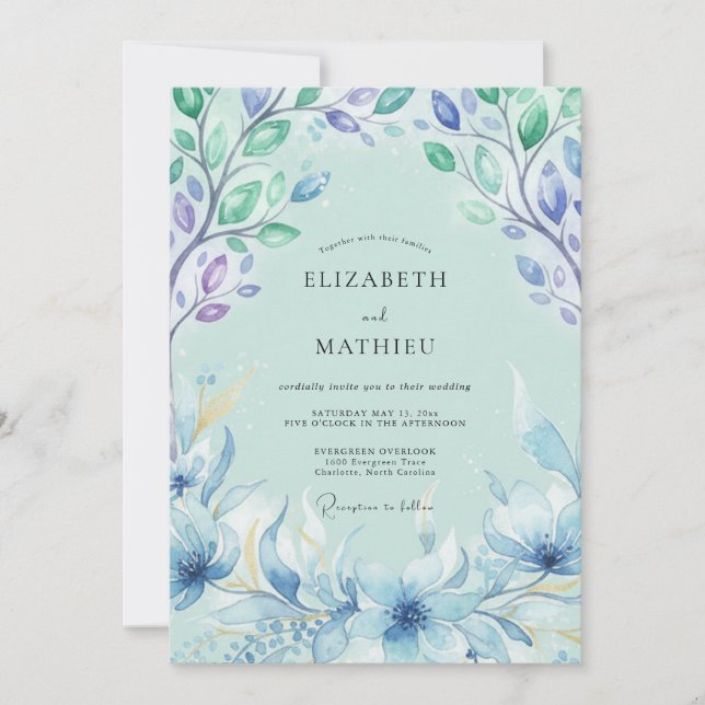 Convite Casamento com Folhas Pintadas de Azul (Frente)
