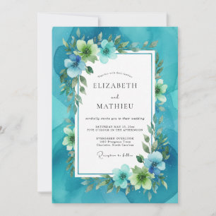 Convite Casamento com Folhas Pintadas de Azul Turquesa