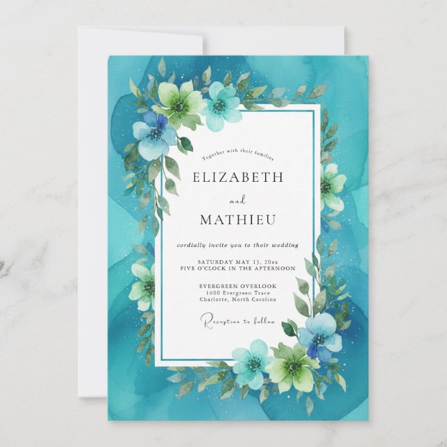Convite Casamento com Folhas Pintadas de Azul Turquesa (Frente)